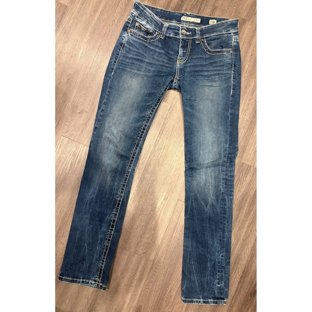 BKE Stella Straight Leg Jeans Women 26R Dark Wash Low Rise Distressed Stretch